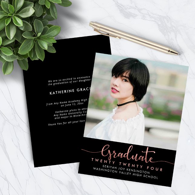 BUDGET Rose Gold Foil Script Graduation Photo (BUDGET Rose Gold Foil Script Graduation Photo Announcement Card)
