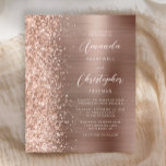 Budget Rose Gold Glam Glitter Wedding Invitation<br><div class="desc">The left-hand edge of this elegant modern wedding invitation features a rose gold faux glitter border. The customisable text combines white handwriting,  copperplate and italic fonts on a rose gold faux brushed metal background. The reverse side features a matching glitter and brushed metal design.</div>