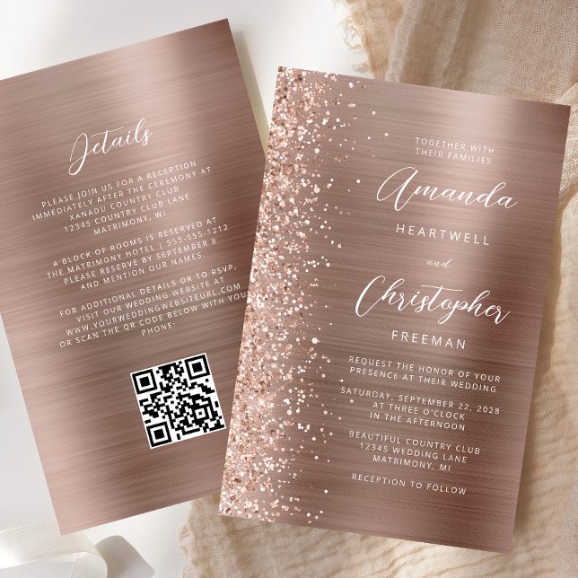Budget Rose Gold Glam QR Code Wedding Invitation (Creator Uploaded)