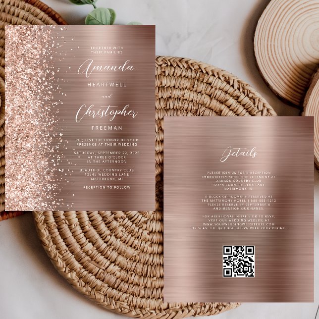 Budget Rose Gold Glam QR Code Wedding Invitation (Creator Uploaded)