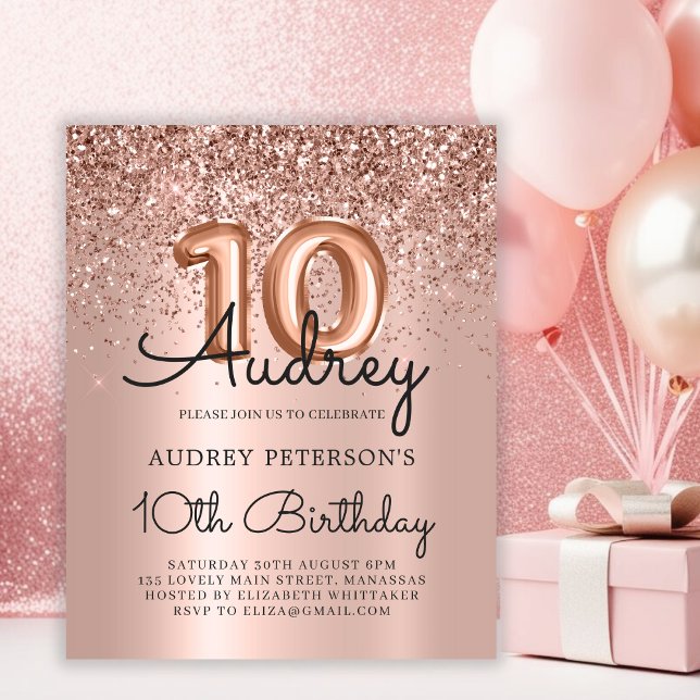 Budget Rose Gold Glitter 10th Birthday Invitation (Creator Uploaded)