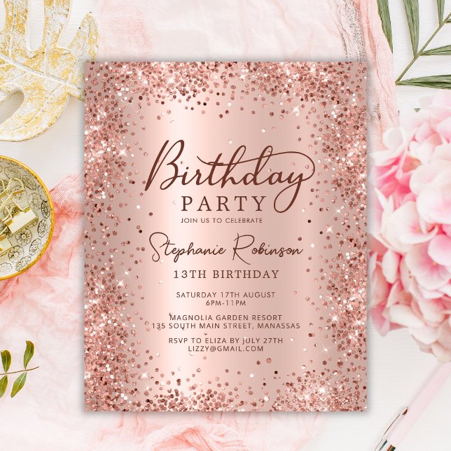 Budget Rose Gold Glitter 13th Birthday Invitation (Creator Uploaded)