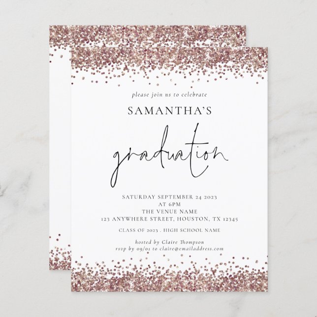 Budget Rose Gold Glitter 2024 Graduation Invite (Front/Back)