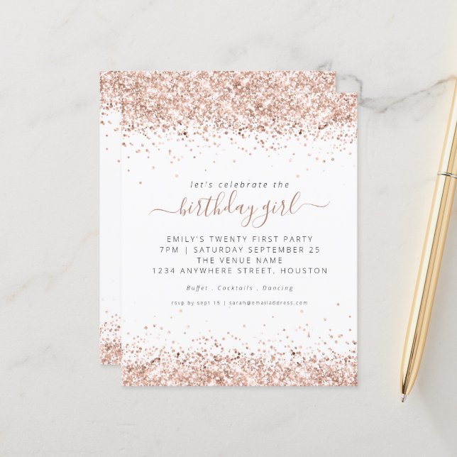 Budget Rose Gold Glitter 21st Birthday Invitation (Front/Back In Situ)