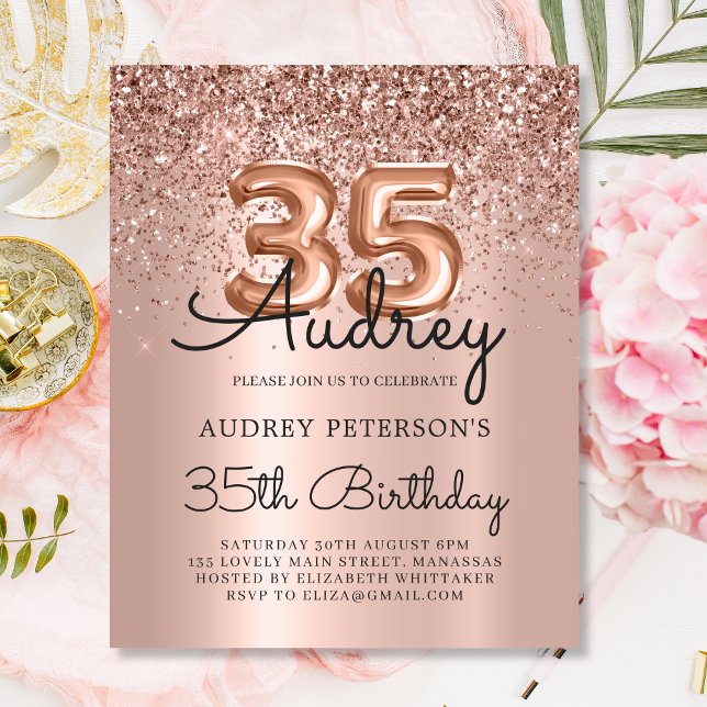 Budget Rose Gold Glitter 35th Birthday Invitation (Creator Uploaded)