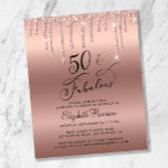 Budget Rose Gold Glitter 50th Birthday Invitation<br><div class="desc">Elegant, chic and budget-friendly 50th birthday party invitation featuring "50 & Fabulous" written in stylish script against a rose gold background, with rose gold faux glitter dripping from the top. You can personalise with her name and the party details. This budget semi-gloss paper is similar in weight to photo paper....</div>