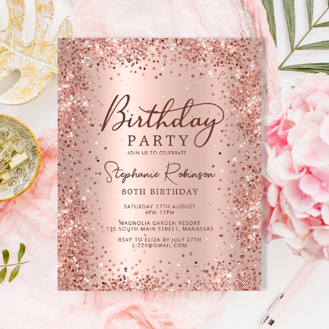 Budget Rose Gold Glitter 80th Birthday Invitation (Creator Uploaded)