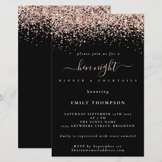Budget Rose Gold Glitter Black Hen Night Invite (Front/Back)