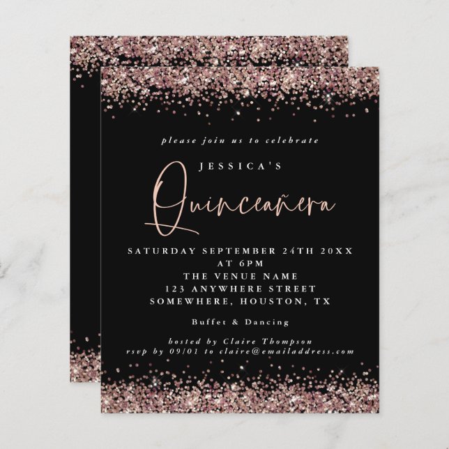 Budget Rose Gold Glitter Black Quinceanera Invite (Front/Back)