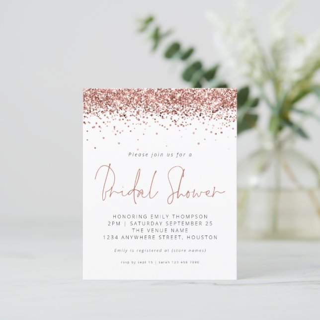 Budget Rose Gold Glitter Bridal Shower Invite (Standing Front)