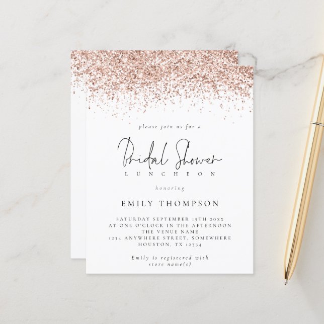 Budget Rose Gold Glitter Bridal Shower Invite (Front/Back In Situ)