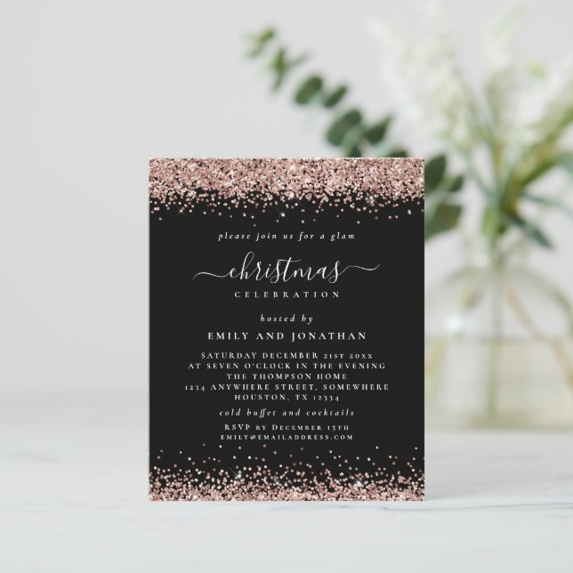 Budget Rose Gold Glitter Christmas Black Invite (Standing Front)