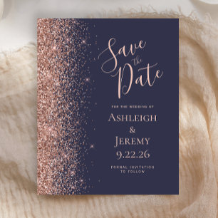 Budget Rose Gold Glitter Dark Blue Save the Date