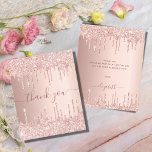 BUDGET rose gold glitter drips pink thank you<br><div class="desc">A feminine and elegant thank you card. A rose gold, pink faux metallic looking background color. With faux glitter drips, paint dripping look. On front large dark rose gold colored hand lettered script and the text: Thank You. Back: Personalize and add Your thank you note and name. The name is...</div>