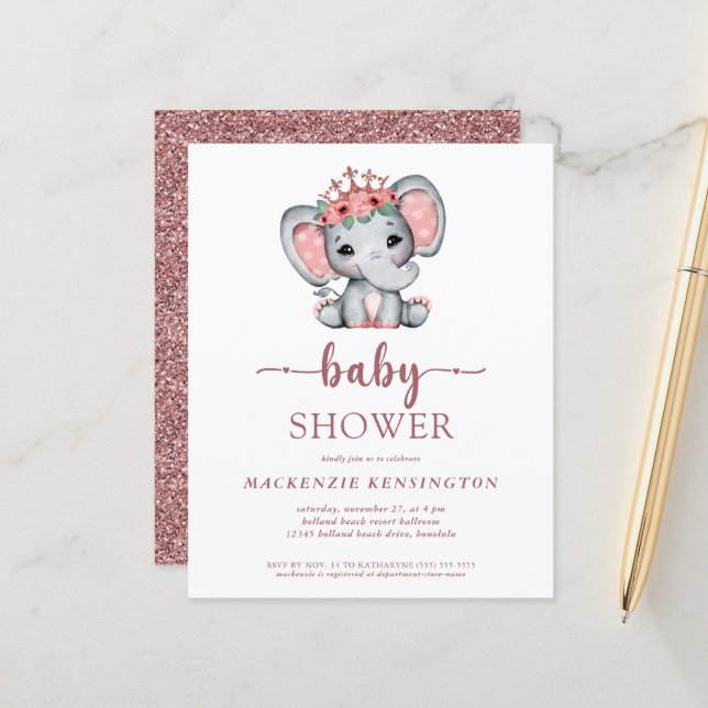 Budget Rose Gold Glitter Elephant Baby Girl (Front/Back In Situ)