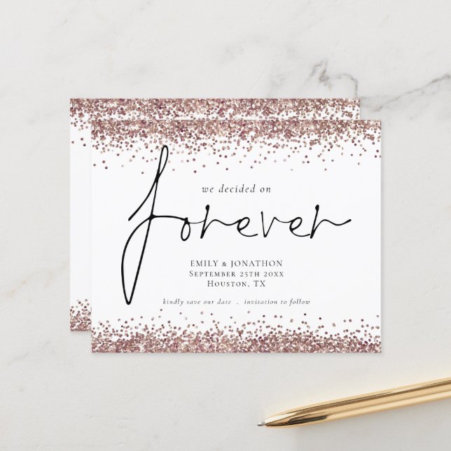 Budget Rose Gold Glitter Forever QR Save The Date (Front/Back In Situ)