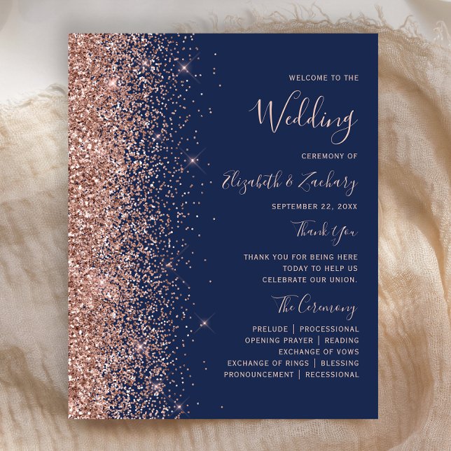 Budget Rose Gold Glitter Navy Blue Wedding Program (Creator Uploaded)