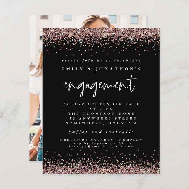 Budget Rose Gold Glitter Photo Engagement Black (Front/Back)