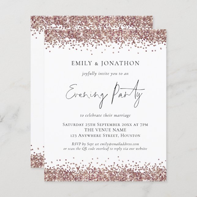 BUDGET Rose Gold Glitter QR Code Evening Invite (Front/Back)