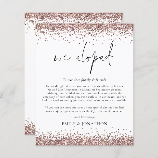 Budget Rose Gold Glitter QR Code Script We Eloped (Front/Back)