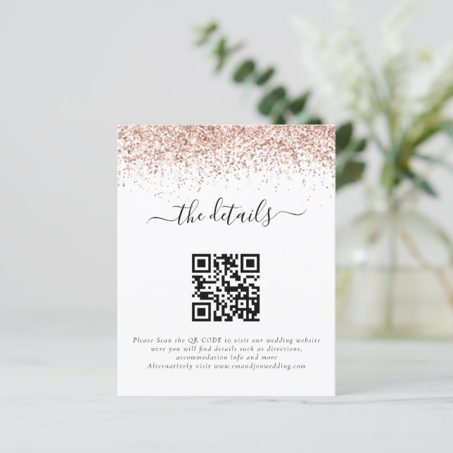 Budget Rose Gold Glitter QR Code Wedding Details  (Standing Front)