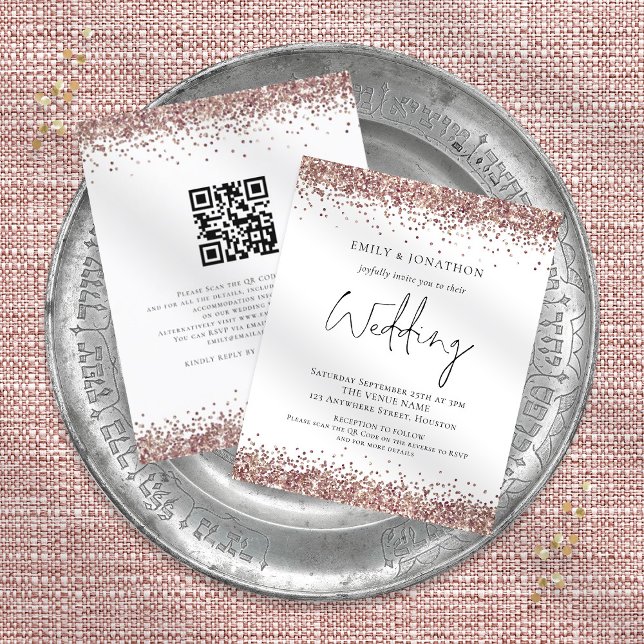 Budget Rose Gold Glitter QR Code Wedding Invite (Creator Uploaded)