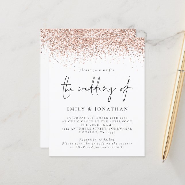 Budget Rose Gold Glitter QR Code Wedding Invite (Front/Back In Situ)