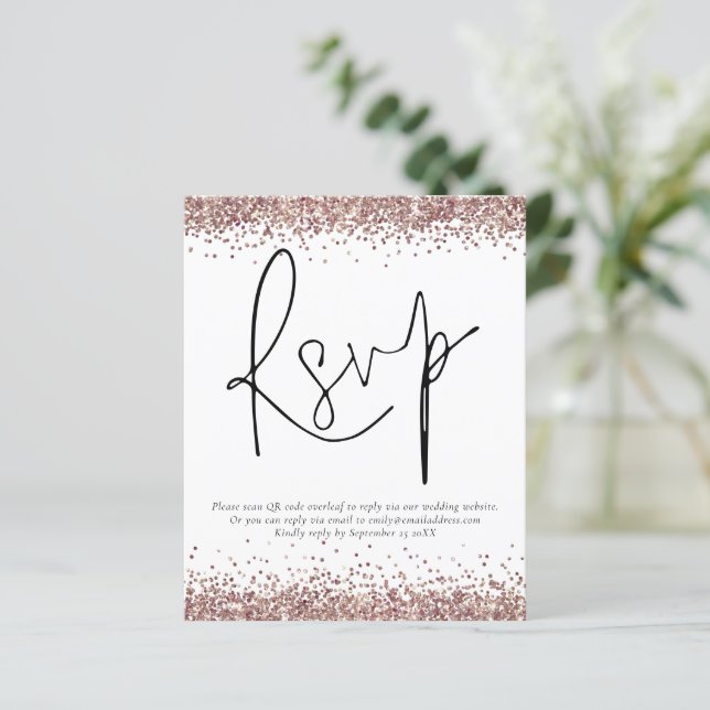 Budget Rose Gold Glitter QR Code Wedding RSVP enc (Standing Front)