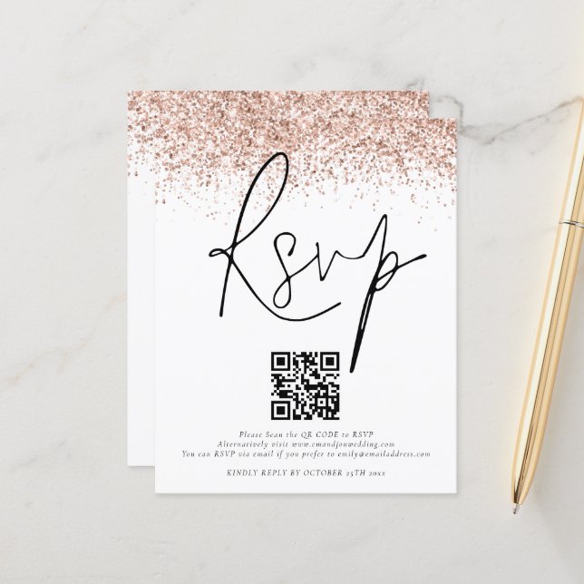 Budget Rose Gold Glitter QR Code Wedding RSVP Encl (Front/Back In Situ)