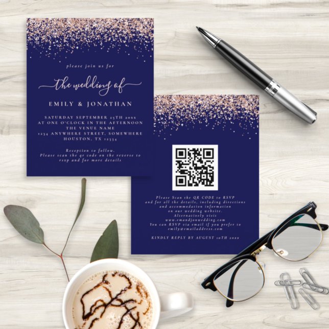 Budget Rose Gold Glitter QR Navy Wedding Invite (Creator Uploaded)