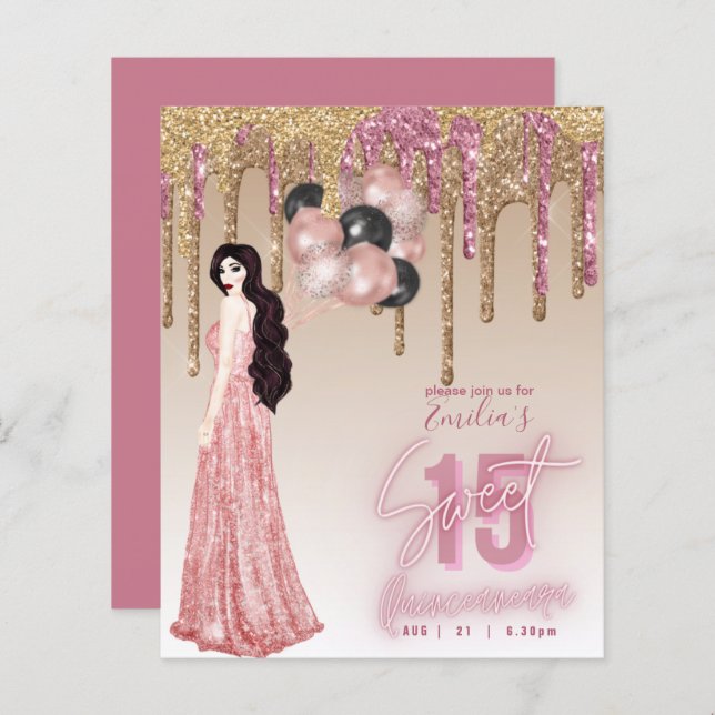 Budget Rose Gold Glitter Quinceanera Brunette      (Front/Back)