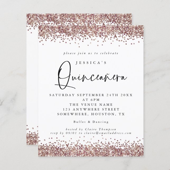 Budget Rose Gold Glitter  Quinceanera Invitation (Front/Back)