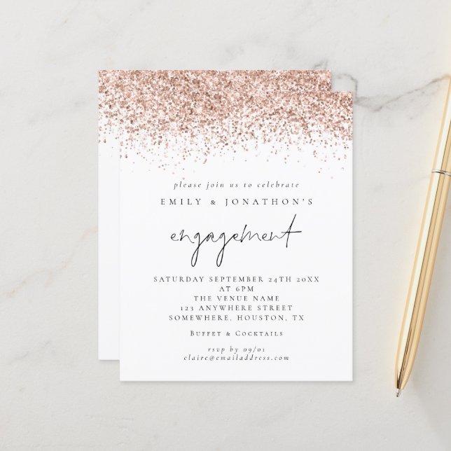 Budget Rose Gold Glitter Script Engagement Invite (Front/Back In Situ)