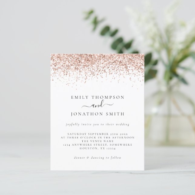 Budget Rose Gold Glitter Script Wedding Invitation (Standing Front)