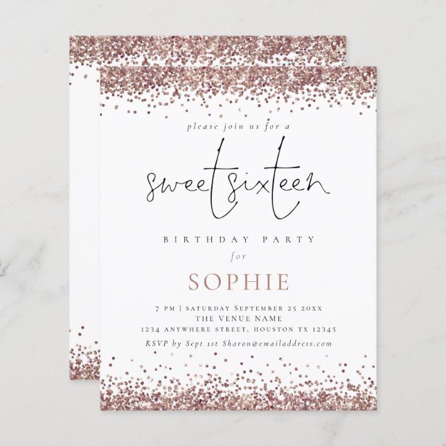 Budget Rose Gold Glitter Sweet 16 Party Invite (Front/Back)