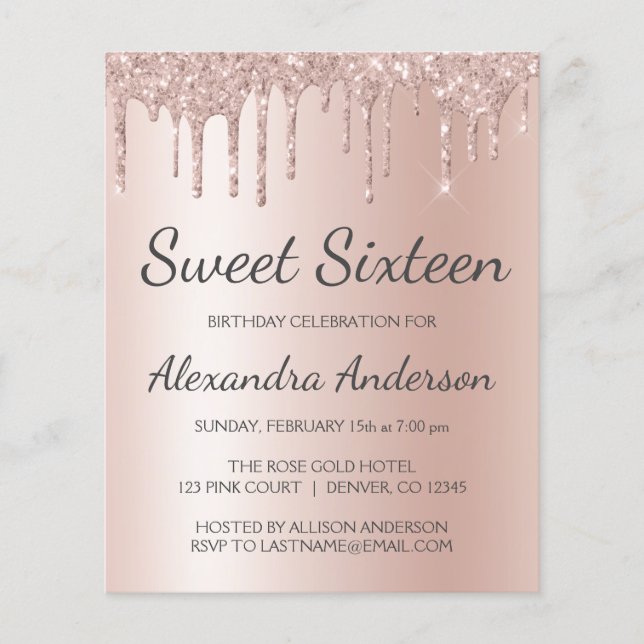 Budget Rose Gold Glitter Sweet Sixteen Birthday Flyer (Front)