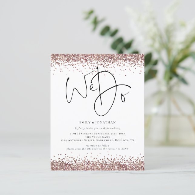 Budget Rose Gold Glitter We Do QR Wedding Invite (Standing Front)