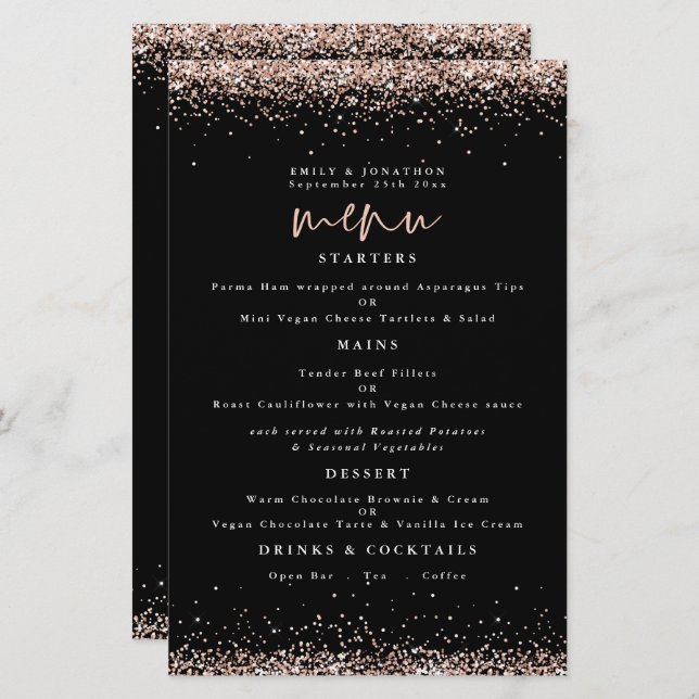 Budget Rose Gold Glitter Wedding Black Menu (Front/Back)