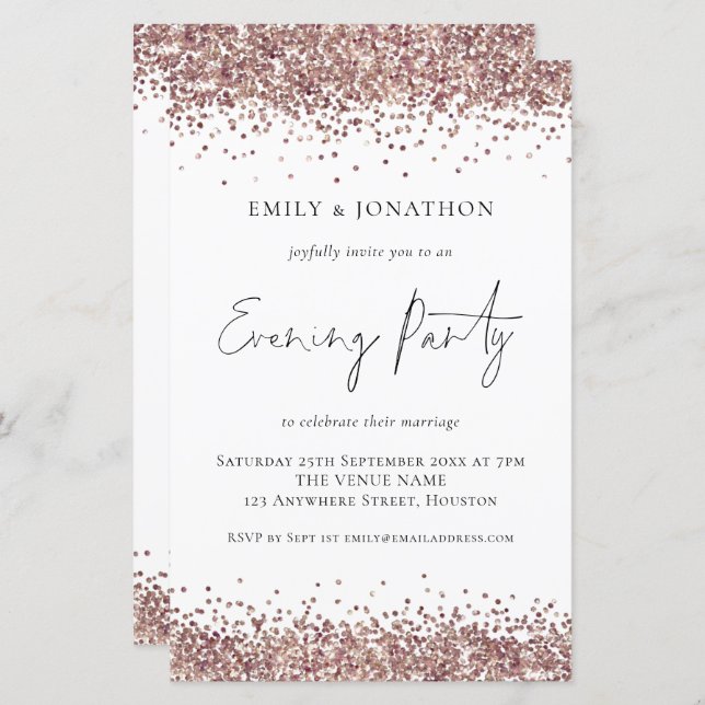 Budget Rose Gold Glitter Wedding Evening  Invite (Front/Back)