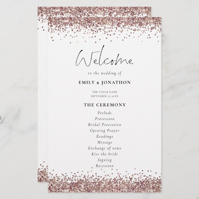Budget Rose Gold Glitter Wedding Program White (Front/Back)