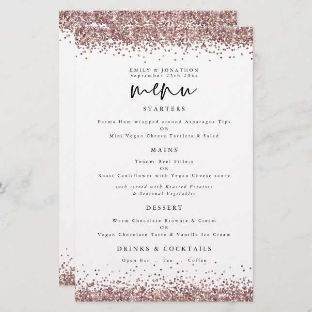 Budget Rose Gold Glitter Wedding White Menu (Front/Back)