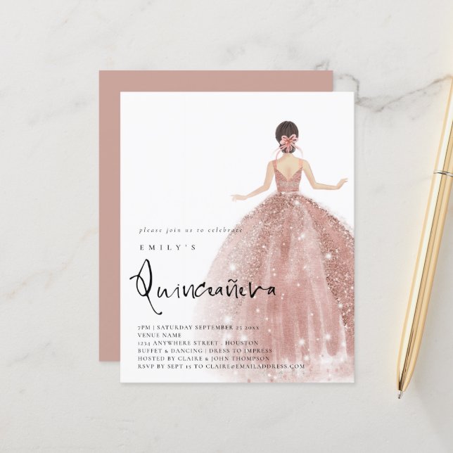 Budget Rose Gold Gown Brunette Hair QR Quinceañera (Front/Back In Situ)