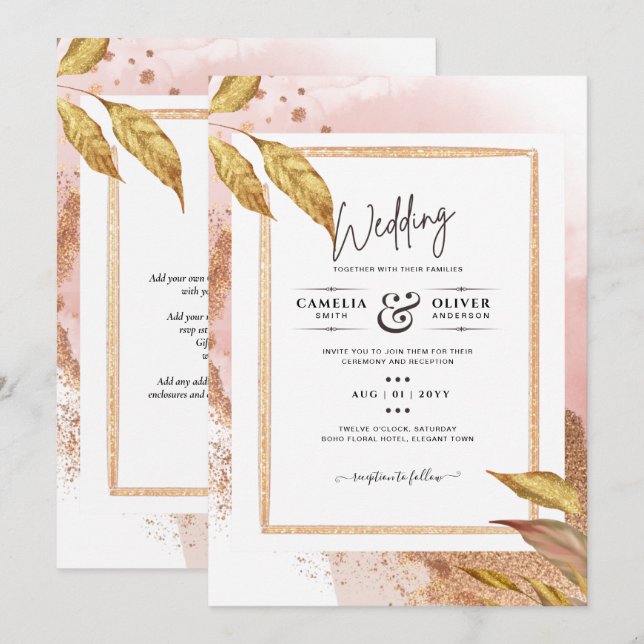 BUDGET Rose Gold Leaves Wedding Invite QR Code (Front/Back)