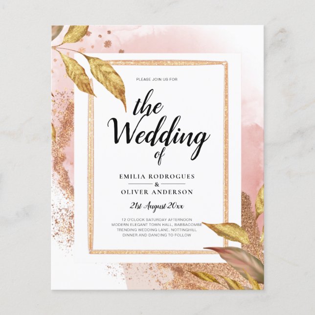 BUDGET Rose Gold Leaves Wedding Invite QR Code Flyer (Front)