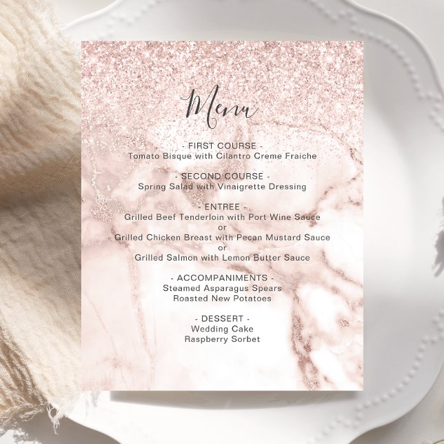 Budget Rose Gold Marble Faux Glitter Wedding Menu (Creator Uploaded)