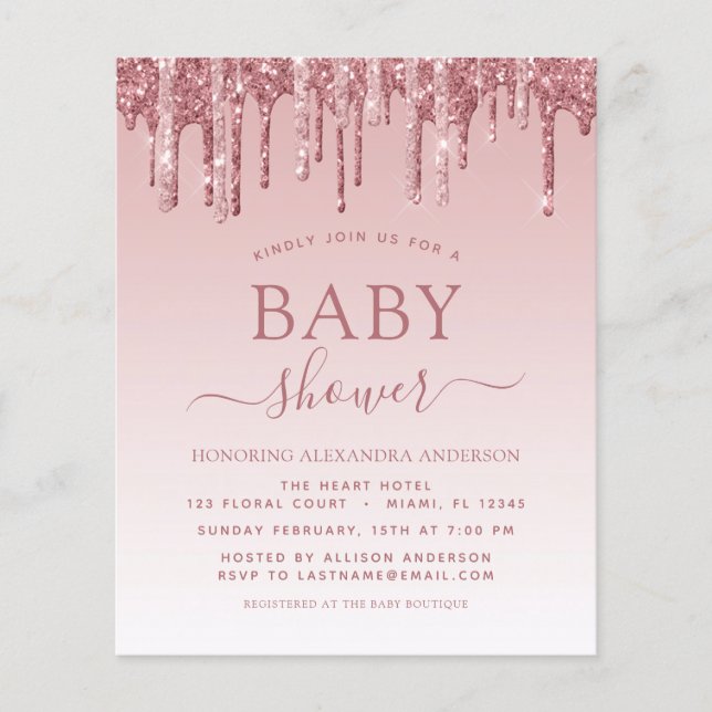 Budget Rose Gold Pink Sparkle Glitter Baby Shower Flyer (Front)