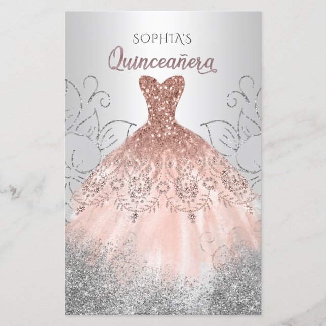 Budget Rose Gold Sparkle Dress Quinceañera Invite (Front)