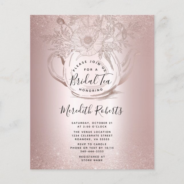 Budget Rose Gold Teapot Bridal Tea Invitation (Front)