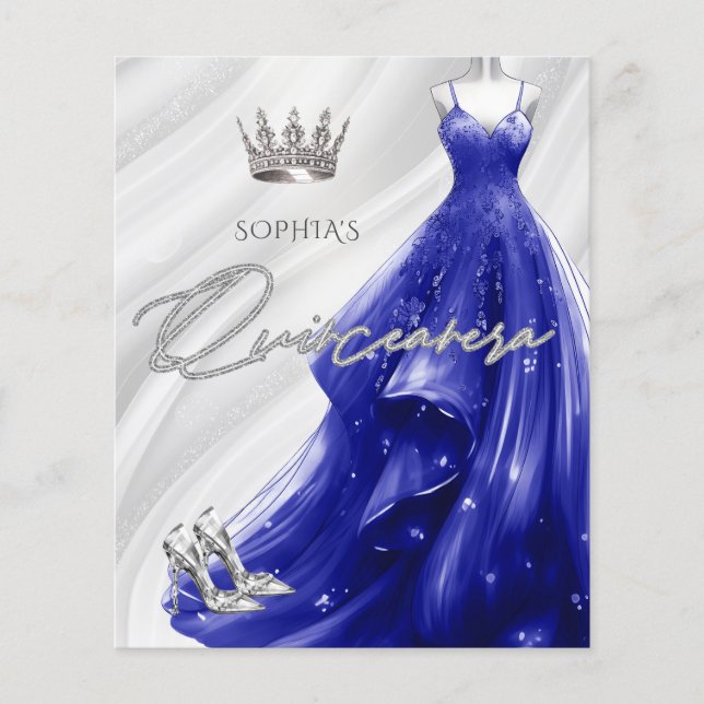 Budget Royal Blue Dress Quinceañera Invitation (Front)