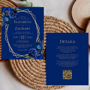 Budget Royal Blue Floral Gold QR Code Wedding